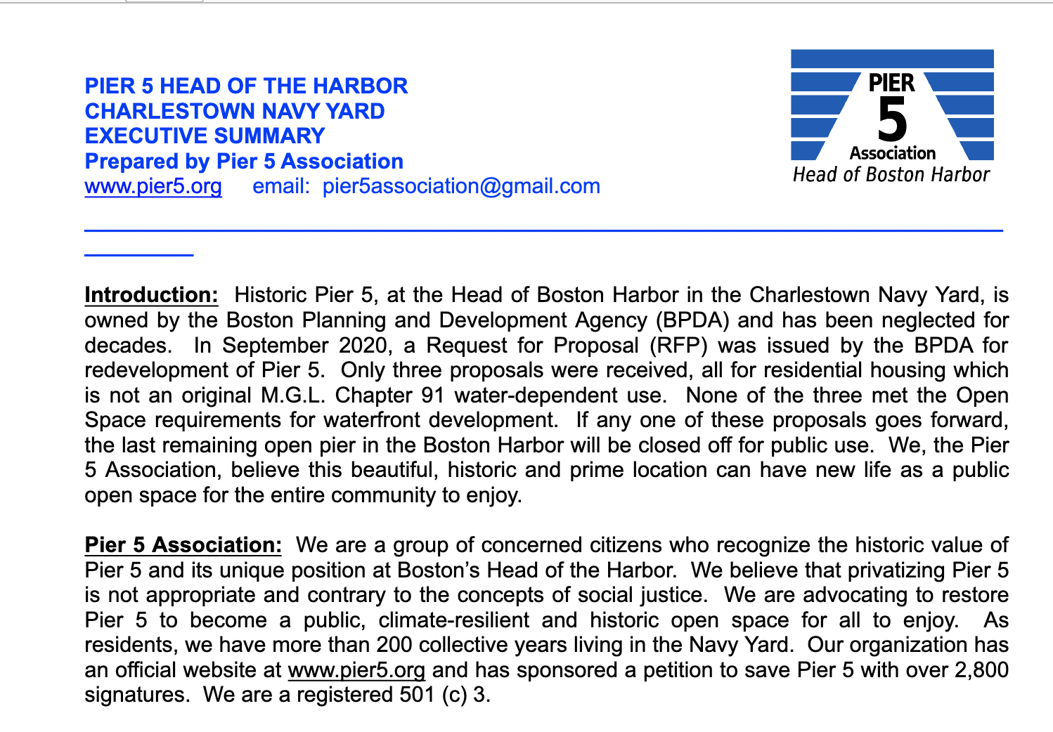 PIER 5 Association Executive Summary